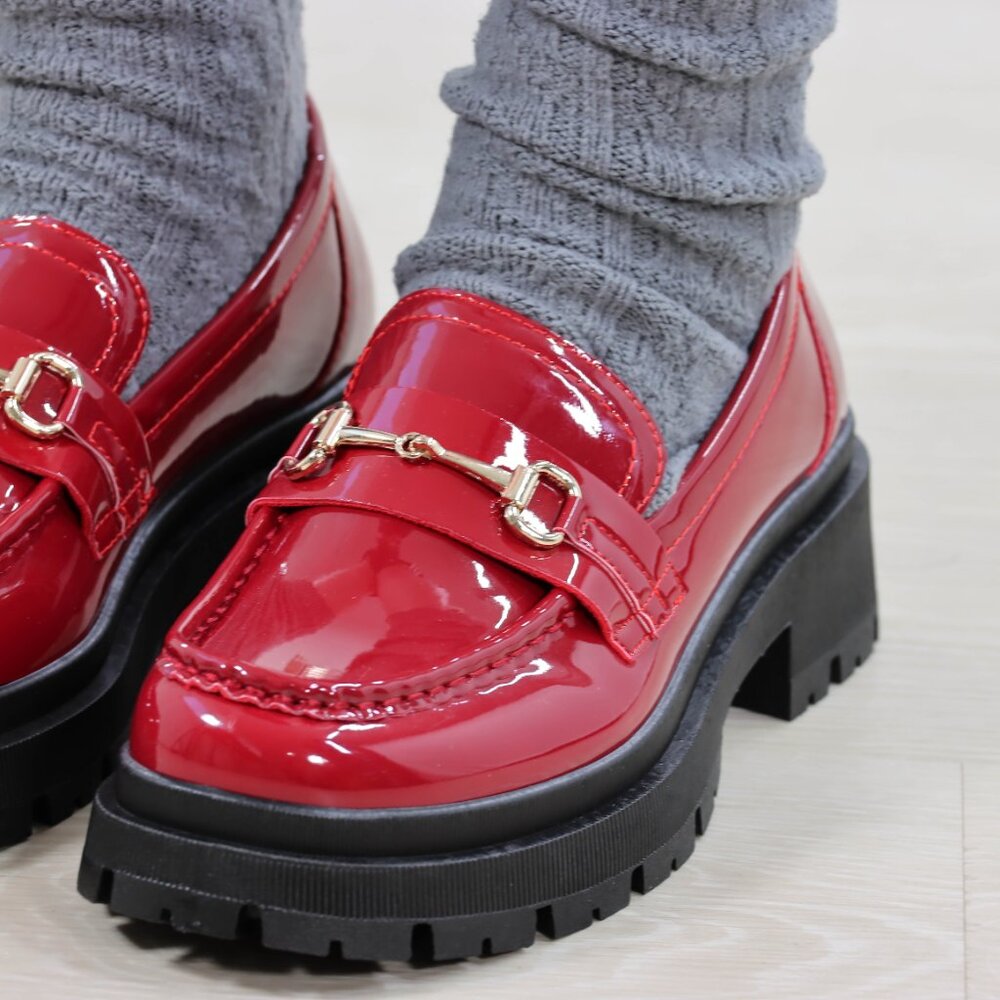 Red Patent Horsebit Loafers Chunky Platform Lug Sole Slip-Ons Grunge 90s Vibes - Picture 4 of 16